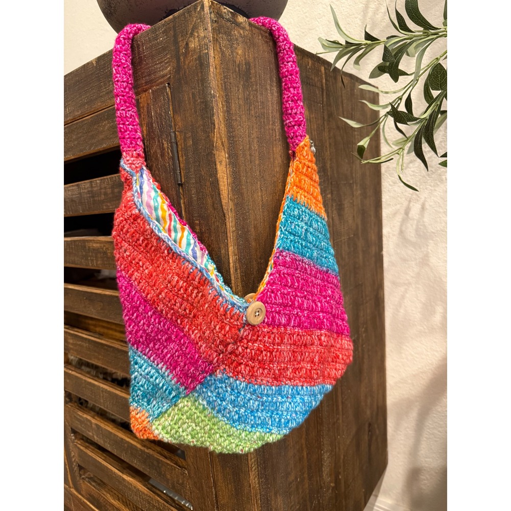 Crochet Striped Shoulder Bag Colorful Handmade Hippie Boho Beach Purse